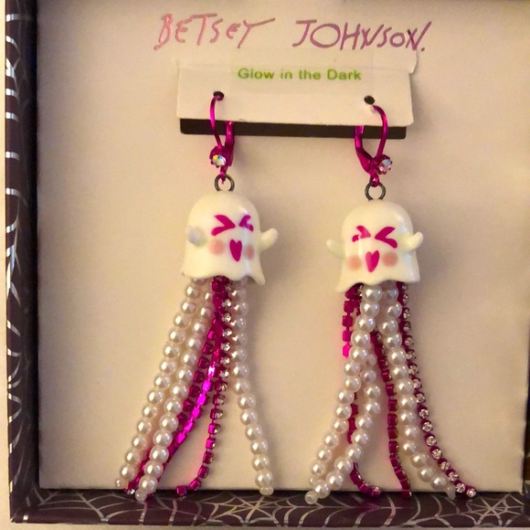 Betsey Johnson Fuchsia Tone Just Treats Ghost Drop Earrings With Fringe NWT - Picture 4 of 10